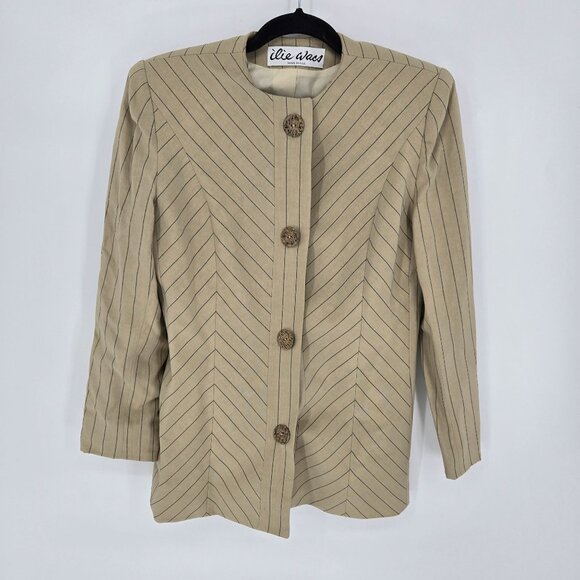 Ilie Wacs 6 beige diagonal stripe wood button blazer jacket VTG UNION tag USA - Picture 14 of 14